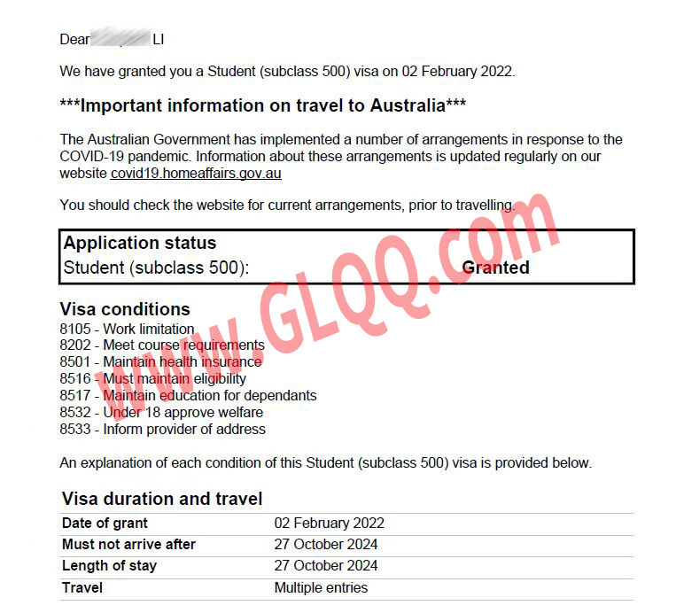 祝贺我公司客户李同学获得澳大利亚留学签证